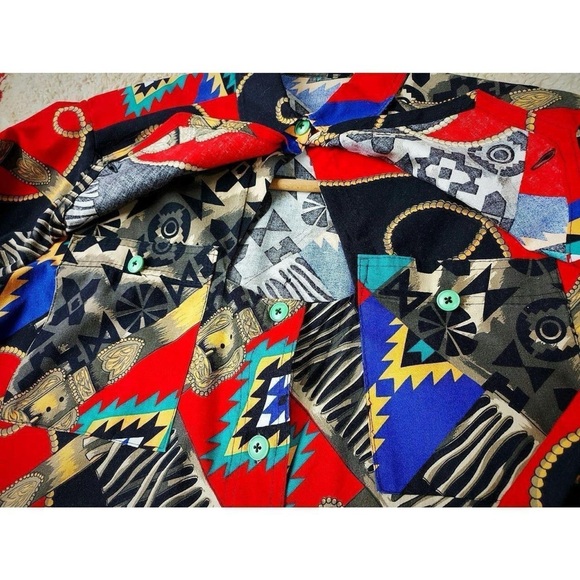 Vtg 80s 90s Button Down Shirt Bold Abstract Geometric Print Colorful Retro Top M - Picture 4 of 6